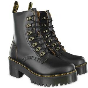 WOMEN'S DR MARTENS LEONA VINTAGE SMOOTH BLACK LEATHER PLATFORM HEELED HIGH BOOTS